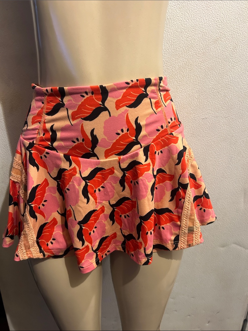 Free People Pink, Coral & Black Floral Skater Skirt